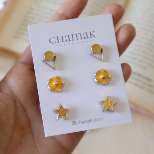 3 Pair Of Stud Earrings- Yellow