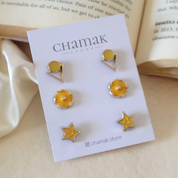 3 Pair Of Stud Earrings- Yellow