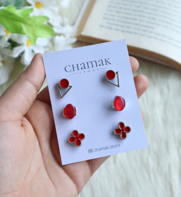 3 Pair Of Stud Earrings- Red