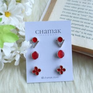 3 Pair Of Stud Earrings- Red
