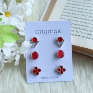 3 Pair Of Stud Earrings- Red