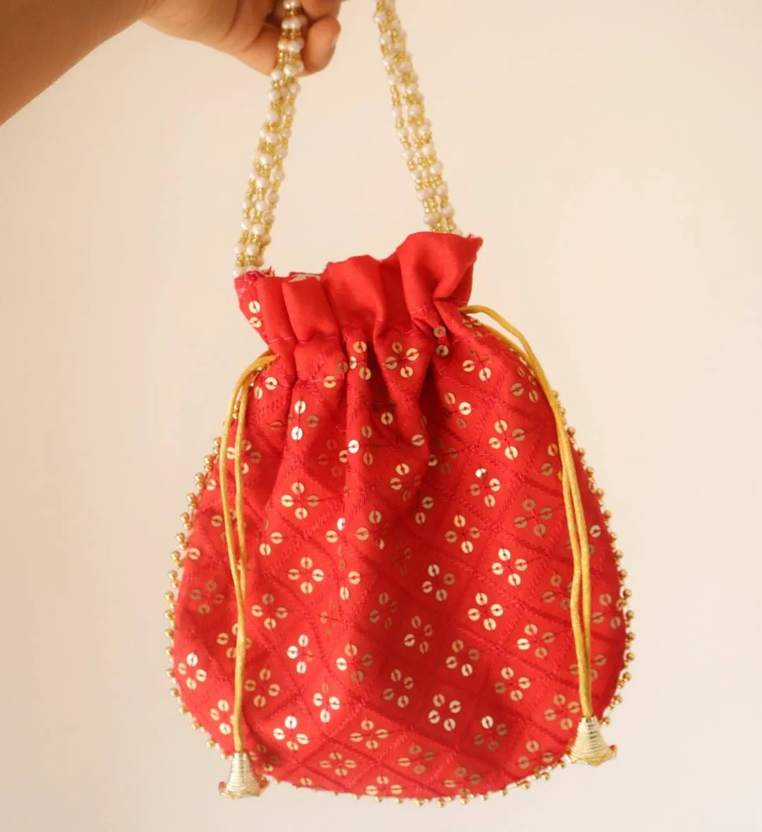 Red Sequins Embroidered Potli Bag
