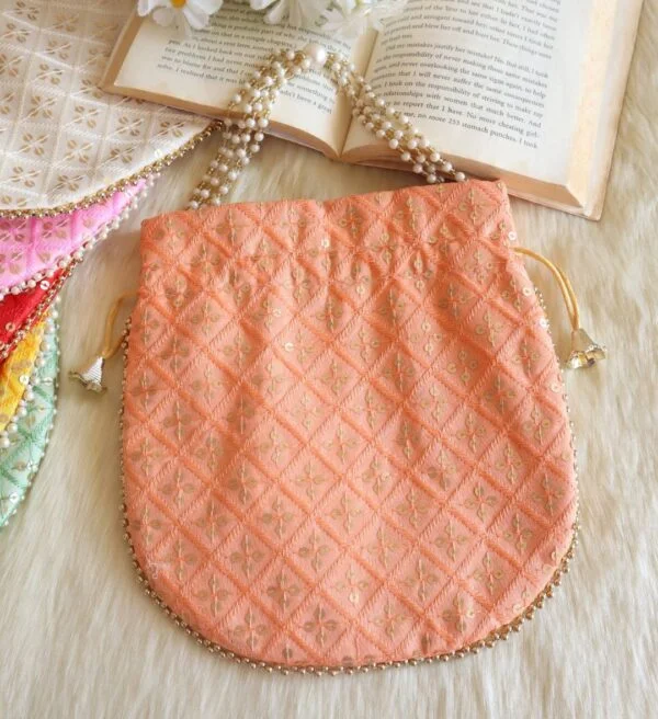 Peach Sequins Embroidered Potli Bag