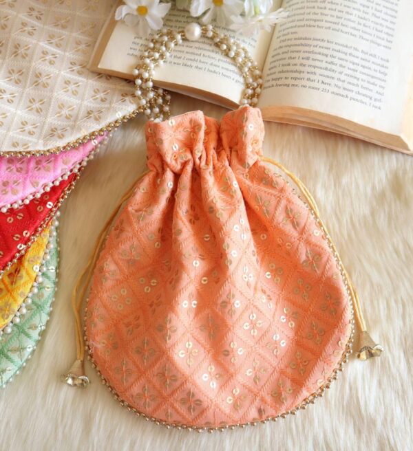 Peach Sequins Embroidered Potli Bag