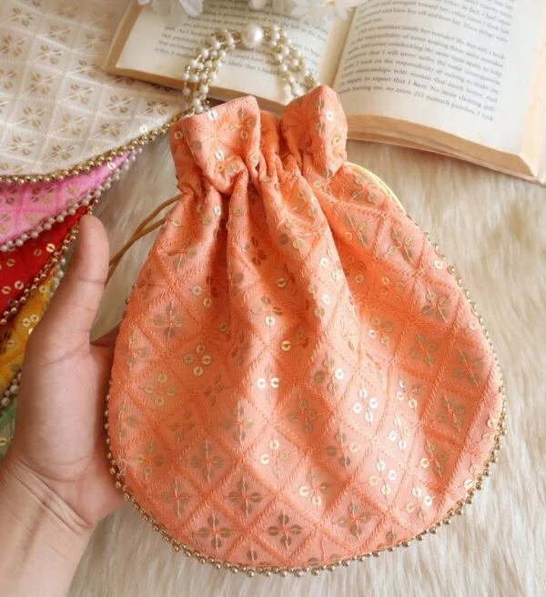 Peach Sequins Embroidered Potli Bag