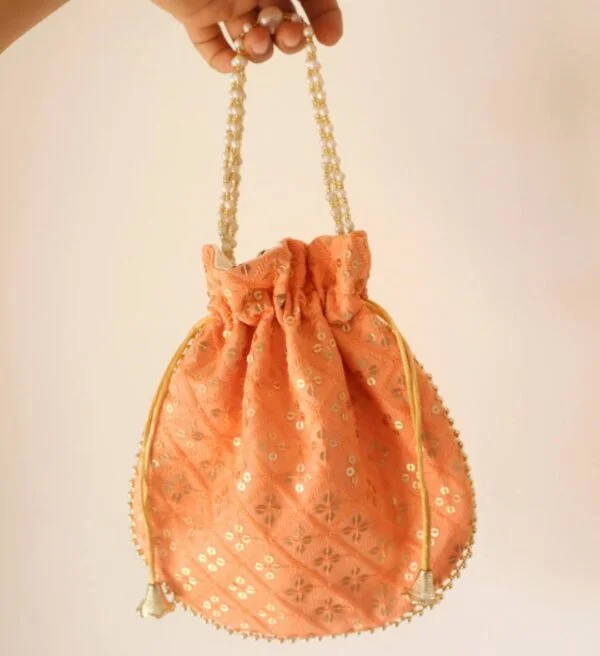 Peach Sequins Embroidered Potli Bag