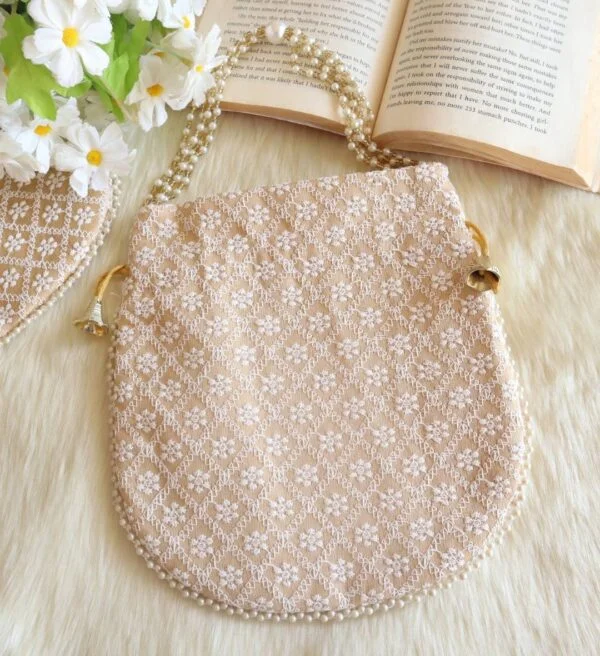 Beige lucknowi Chikankari Potli Bag