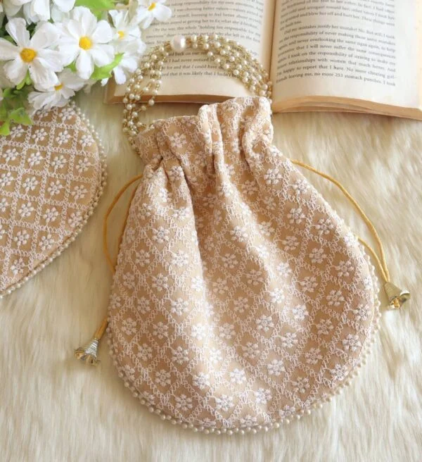 Beige lucknowi Chikankari Potli Bag