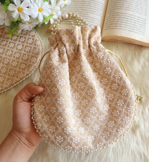 Beige lucknowi Chikankari Potli Bag