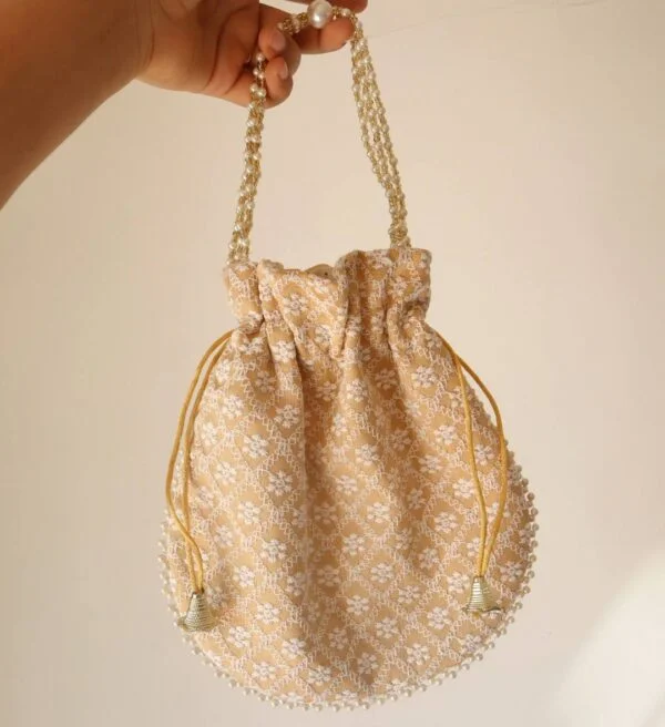 Beige lucknowi Chikankari Potli Bag