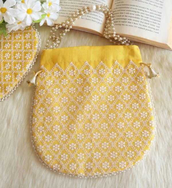 Yellow lucknowi Chikankari Potli Bag