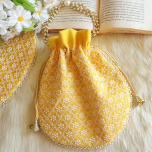 Yellow lucknowi Chikankari Potli Bag