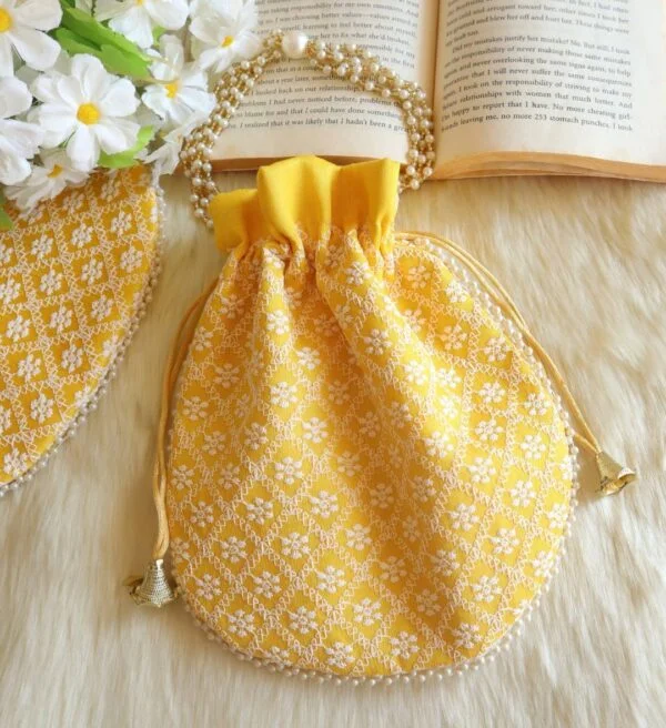 Yellow lucknowi Chikankari Potli Bag