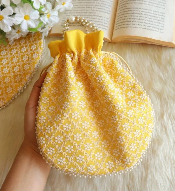 Yellow lucknowi Chikankari Potli Bag