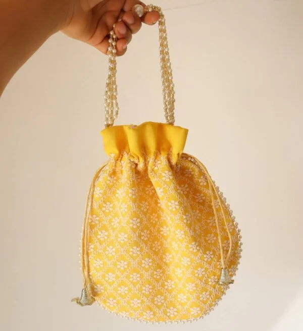 Yellow lucknowi Chikankari Potli Bag