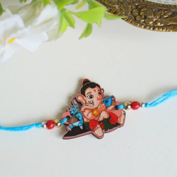 Ganesha With Mobile Wooden Rakhi