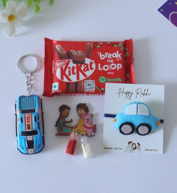 Blue Car Themed Rakhi Hamper For Kids