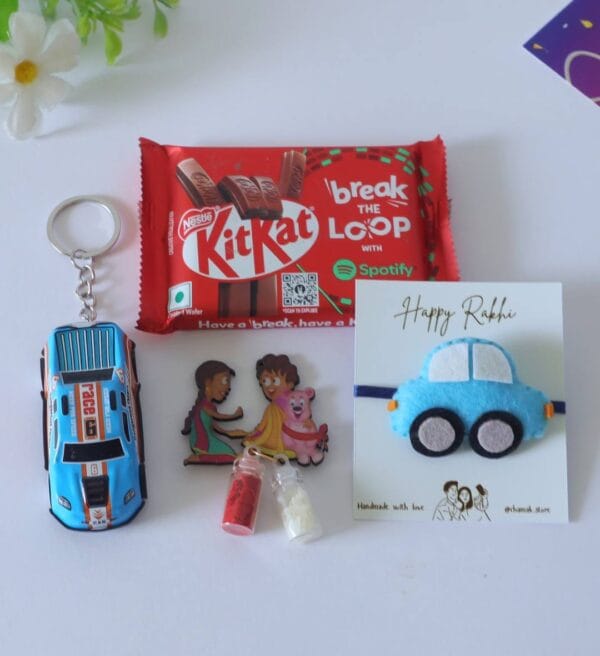 Blue Car Themed Rakhi Hamper For Kids
