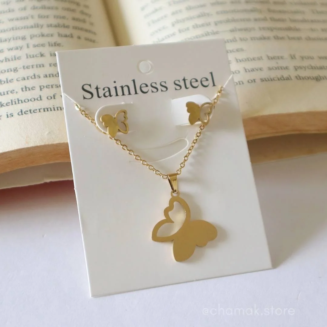 Stainless Steel Butterfly Necklace & Earrings Combo