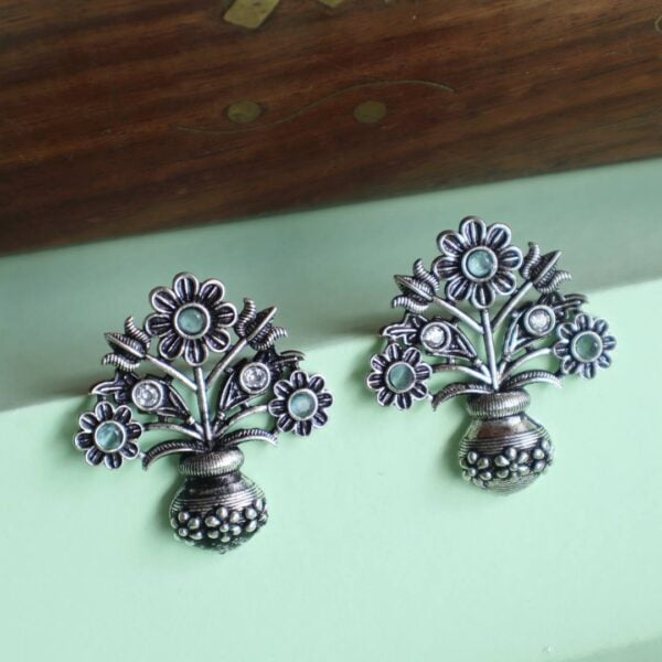 Flower Pot Oxidised Stud Earrings