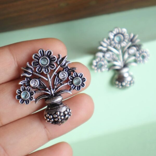 Flower Pot Oxidised Stud Earrings