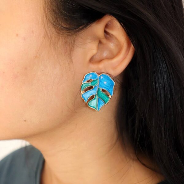 Blue-Green Palm Leaf Enamel Earrings