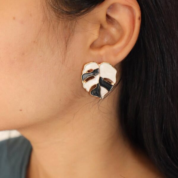 White-Black Palm Leaf Enamel Earrings