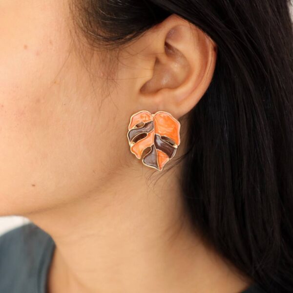 Orange-Brown Palm Leaf Enamel Earrings