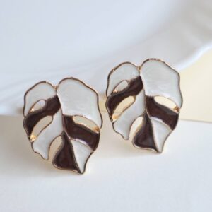 White-Brown Palm Leaf Enamel Earrings