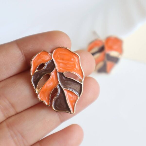 Orange-Brown Palm Leaf Enamel Earrings