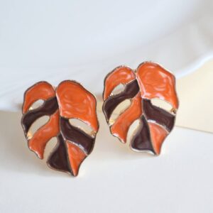 Orange-Brown Palm Leaf Enamel Earrings