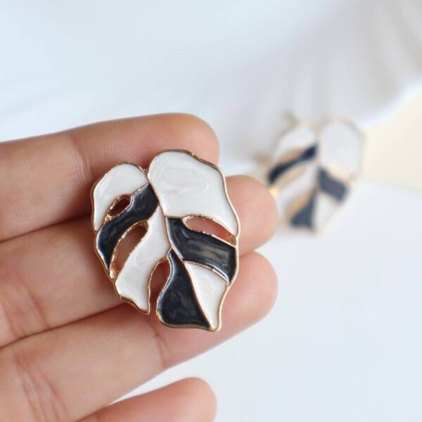 White-Black Palm Leaf Enamel Earrings