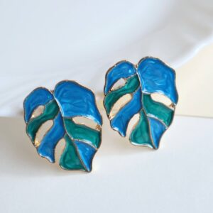 Blue-Green Palm Leaf Enamel Earrings