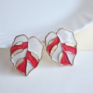 White-Pink Palm Leaf Enamel Earrings