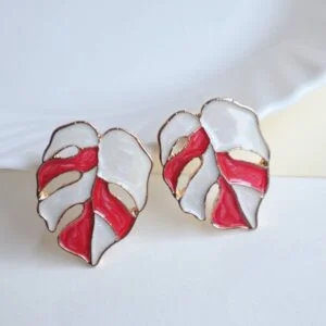 White-Pink Palm Leaf Enamel Earrings