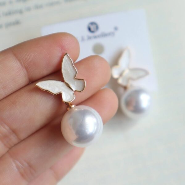 White Butterfly Pearl Drop Earrings