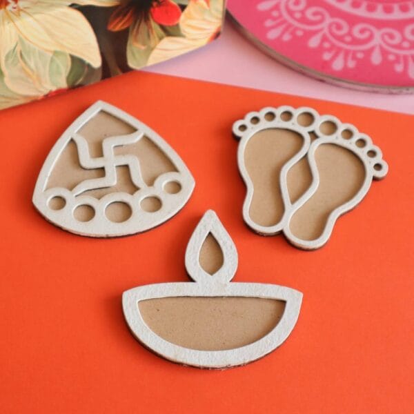 Set Of 3 MDF Rangoli Stencil (Swastik, Lakshmi Charan, Diya Pattern)