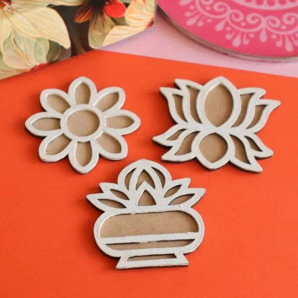 Set Of 3 MDF Rangoli Stencil (Flower, Lotus, Kalash Pattern)