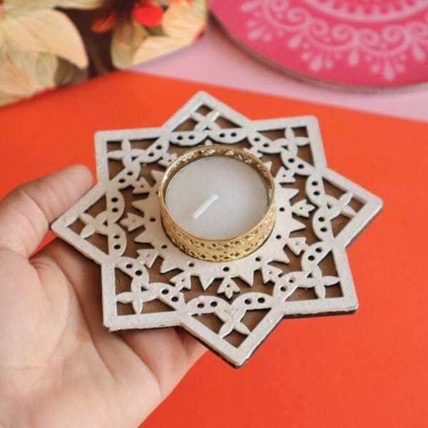 Traditional Pattern MDF Rangoli Stencil With Tealight Candle