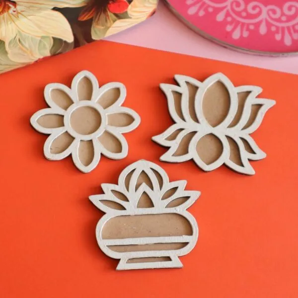 Set Of 3 MDF Rangoli Stencil (Flower, Lotus, Kalash Pattern)