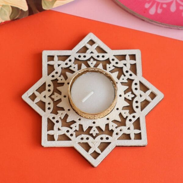 Traditional Pattern MDF Rangoli Stencil With Tealight Candle