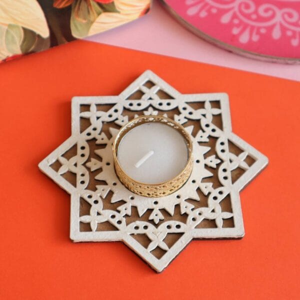 Traditional Pattern MDF Rangoli Stencil With Tealight Candle