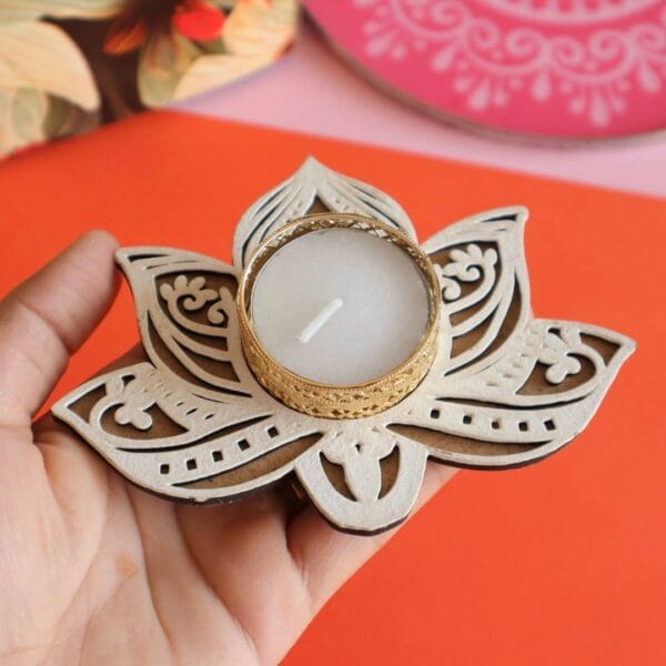 Lotus Pattern MDF Rangoli Stencil With Tealight Candle