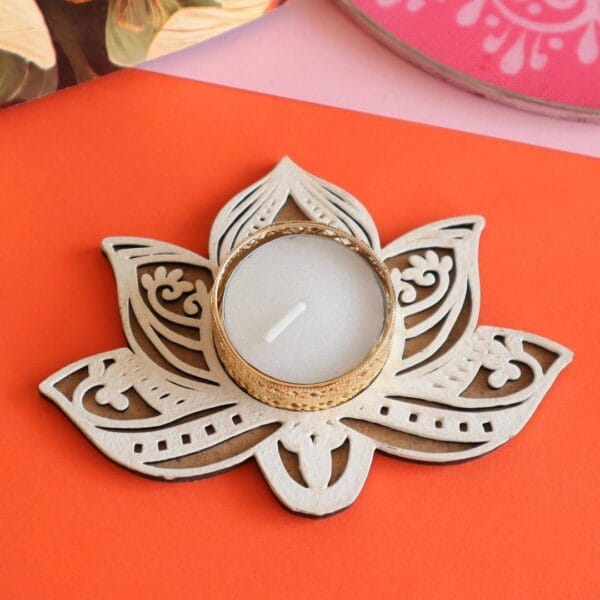 Lotus Pattern MDF Rangoli Stencil With Tealight Candle