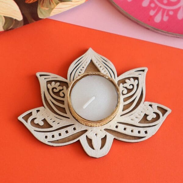 Lotus Pattern MDF Rangoli Stencil With Tealight Candle