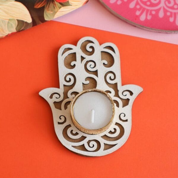 Hamsa Pattern MDF Rangoli Stencil With Tealight Candle