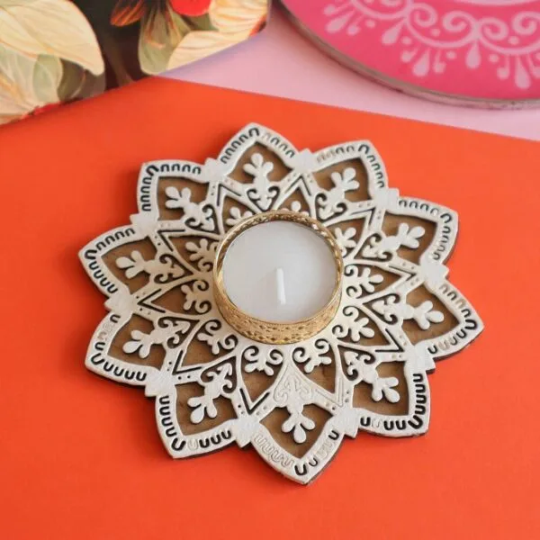 Flower Pattern MDF Rangoli Stencil With Tealight Candle