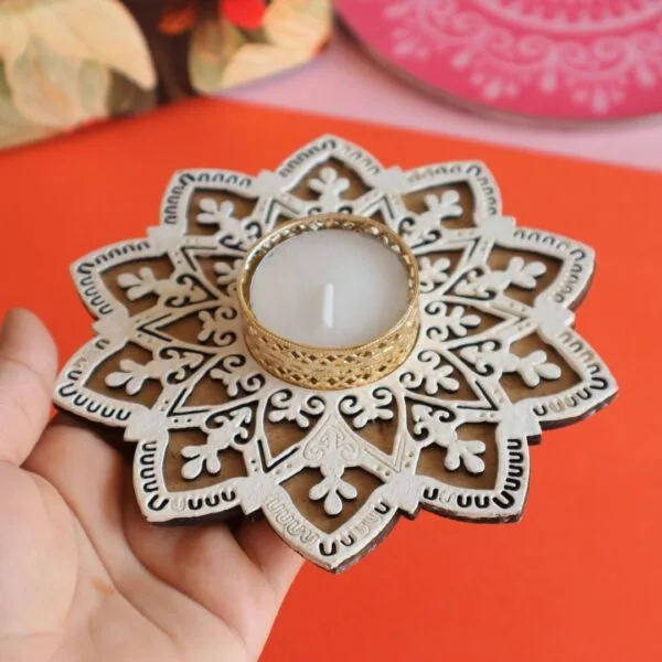 Flower Pattern MDF Rangoli Stencil With Tealight Candle