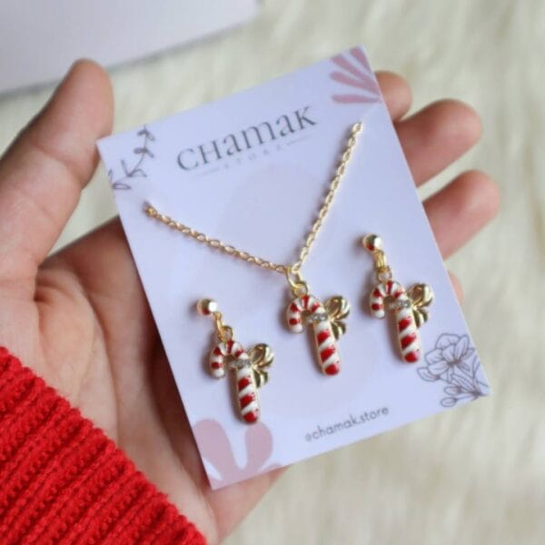 Christmas Candy Stick Necklace With Earrings Combo