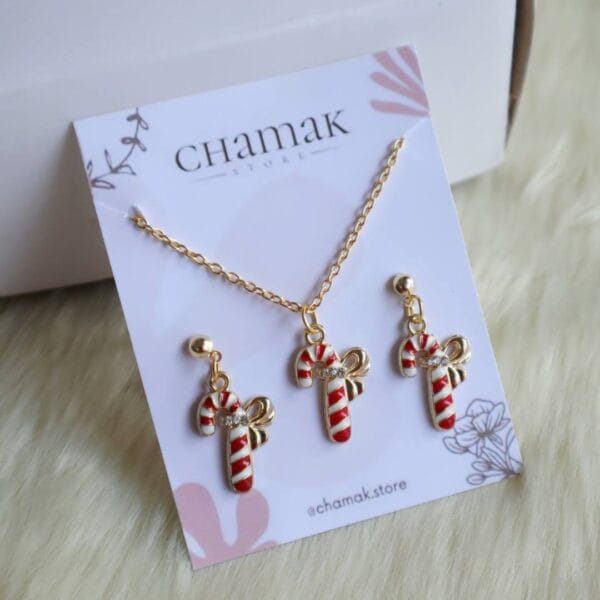 Christmas Candy Stick Necklace With Earrings Combo